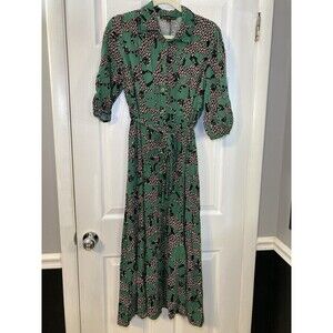 Alex & Parker Green Animal Print Shirt Dress Button Front Belted Long XL